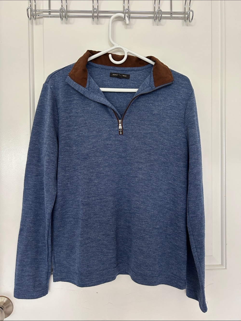 Banana Republic Blue Quarter-Zip Sweater with Brown Collar